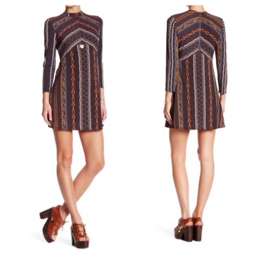 Free People Navy & Rust Patterned Long-Sleeve Mini Dress